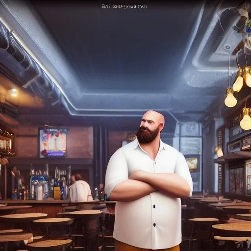 large broad shoulder man wearing a white shirt, big belly, blonde hair sticking out at the sides, standing in a bar, illumination, brilliant coloring, smooth, sharp focus, crispy quality, vray; Artstation; HD, HDR, SF, CGSociety, 16k, photorealistic, unreal engine