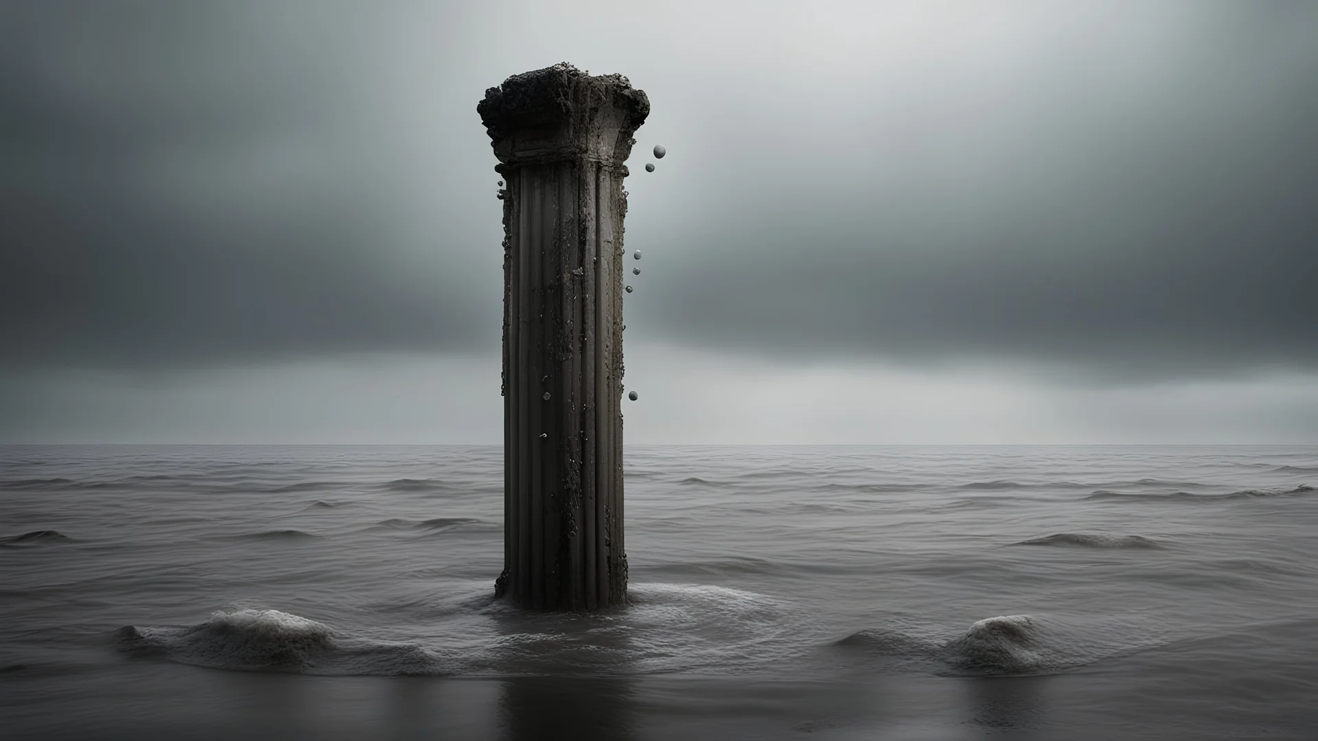An old, rotting pillar leaning out of the dark, muddy gray sea, with many gray soap bubble-like dream floating out of the gray sea toward the pillar.