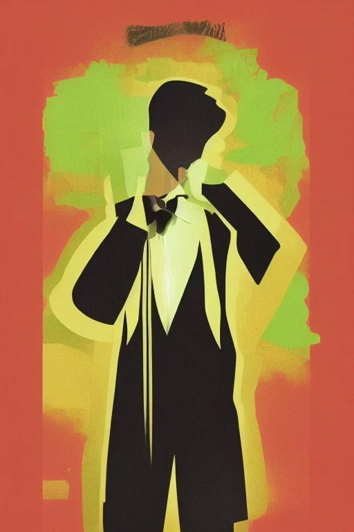 Man in an Uranium-colored tuxedo poster negative Space Intensity Proportion Emphasis fluowave style of GQ style of Natsuki uruma on Neutral Colors paper