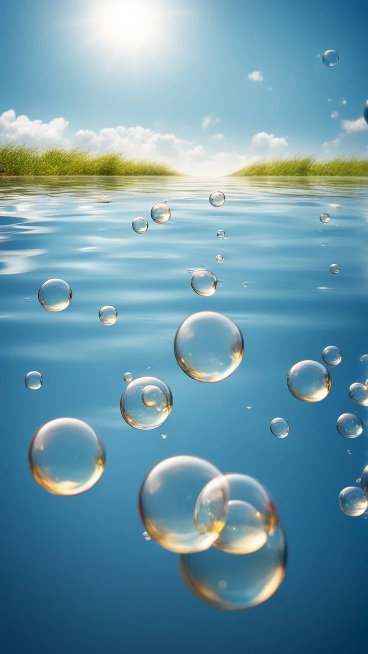 bubbles floating over water with blue sky, stock photography