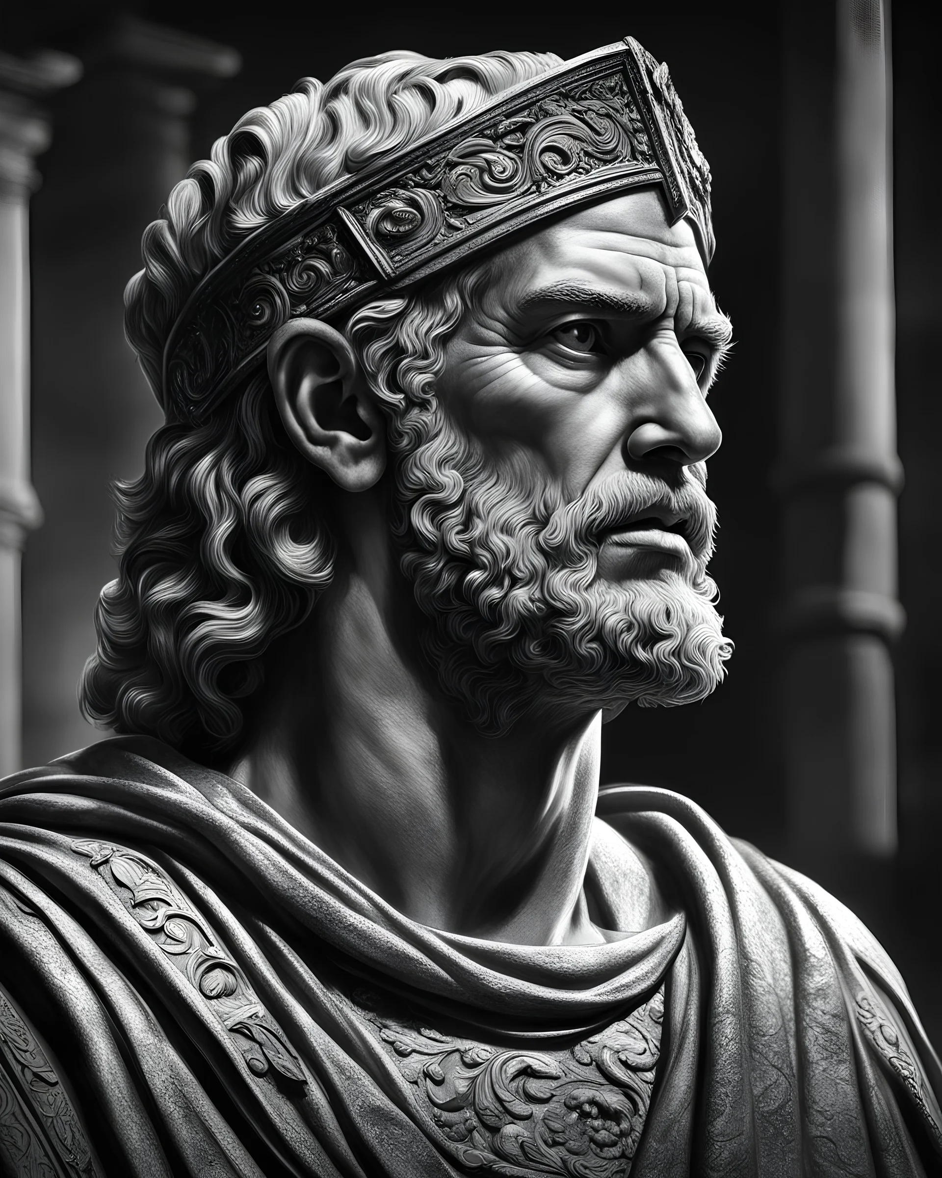 Cesar Agustus ,in ancient Rome , , Chiaroscuro, hyper realism, realistic, highly detailed, high contrast black and white, sharp