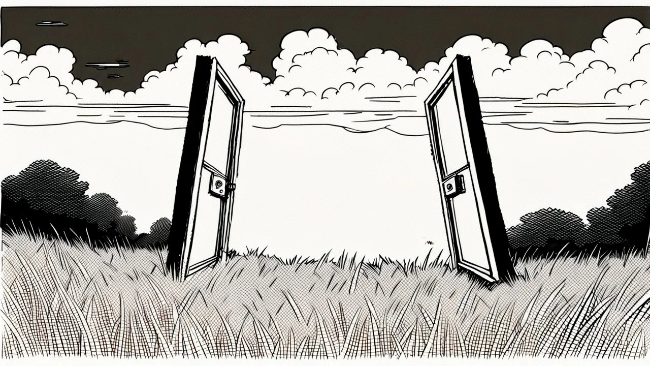 unhinged door, anime, monochrome, black background, ink, simple, maximum quality, broken hinge, barely functioning, centered on frame, far view, in the middle of a grassy hill, white sky with cumulonimbus