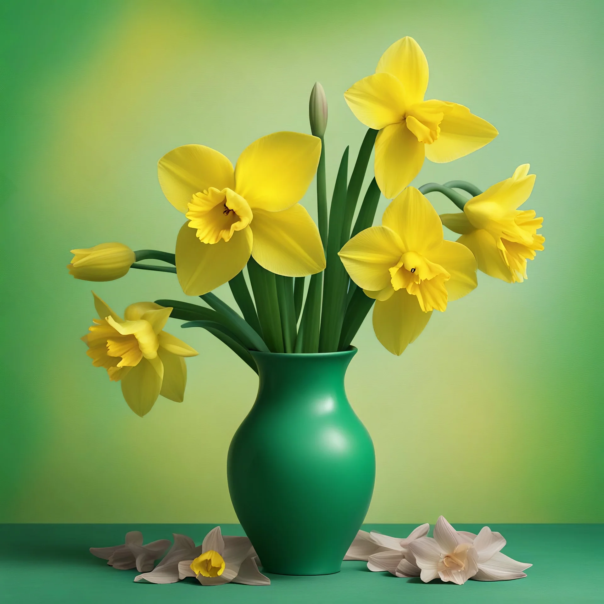 Create yellow daffodils in a green vase and multicoloured background