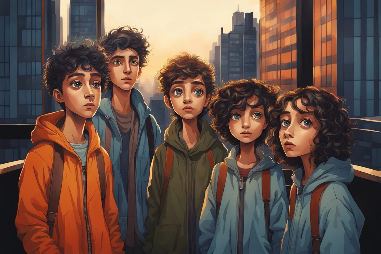 whimsical stylized illustration of young people with big eyes, tiny nose, tiny mouth and messy hair in complementer colors cloths, they stand in line on a high rooftop, surreal, thriller mood, smooth blending, extremely detailed, realistic textures, lights and shadows, cinematic