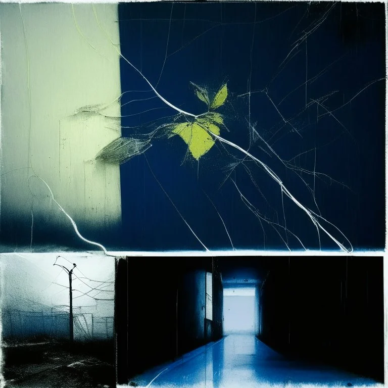 Minimal abstract oil painting of a large blue leaf plant in concrete warehouse brutalist architecture and hanging wires illuminated at night. With triadic yellow colours. In the style of Justin Mortimer and Phil Hale, Ashley Wood