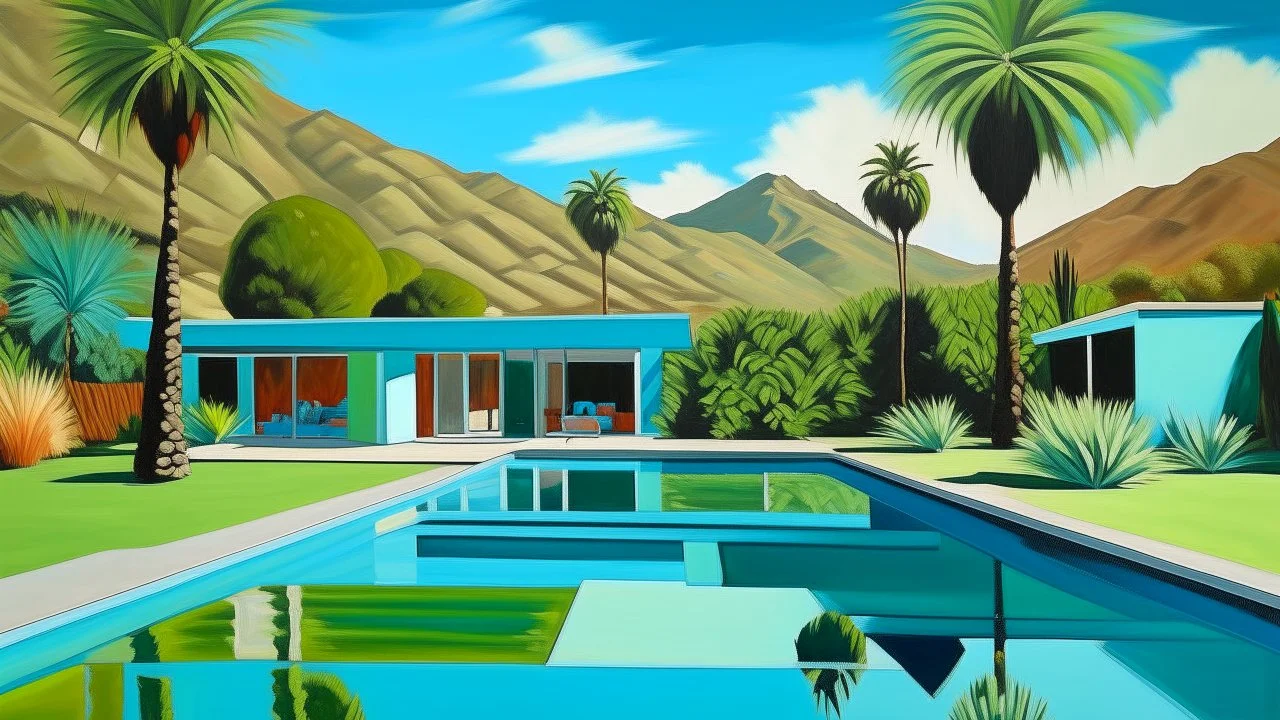 Painting of a mid-century modern house with a pool and palm trees in the foreground, mountains and a blue sky with clouds in the background, oil on canvas. The house is a single-story structure with a flat roof and large windows. The pool is rectangular and filled with crystal-clear blue water. The palm trees are lush with green leaves. The mountains are brown and rocky. The sky is light blue with a few white clouds. The painting is done in a realistic style, with attention to detail. The colors