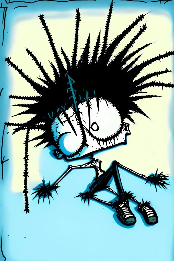 2d drawing of a stickman, cool with punk hair, x eyes like in hangman, laying down, 3d realistic in colour