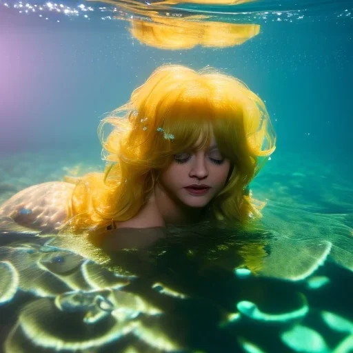 Goldie Hawn underwater with yellow flowers for hair, closed eyes, rtx, reflection, 8k, glow, winning photography, caustics