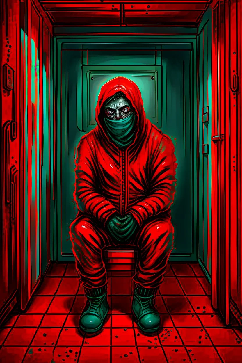 A scary gothic person sits quietly in the middle of a soundproof, padded room conveying intense dramatic emotions in a muted environment, wearing a bright red straitjacket , a mask to cover the mouth area of cannibal evil scary, dark and gothic look, cold eyes, eary ultra detailed,.32k, digital art style with messy paint, hardened sealer appearance, impasto, dramatic Arial view with explosive chaotic background