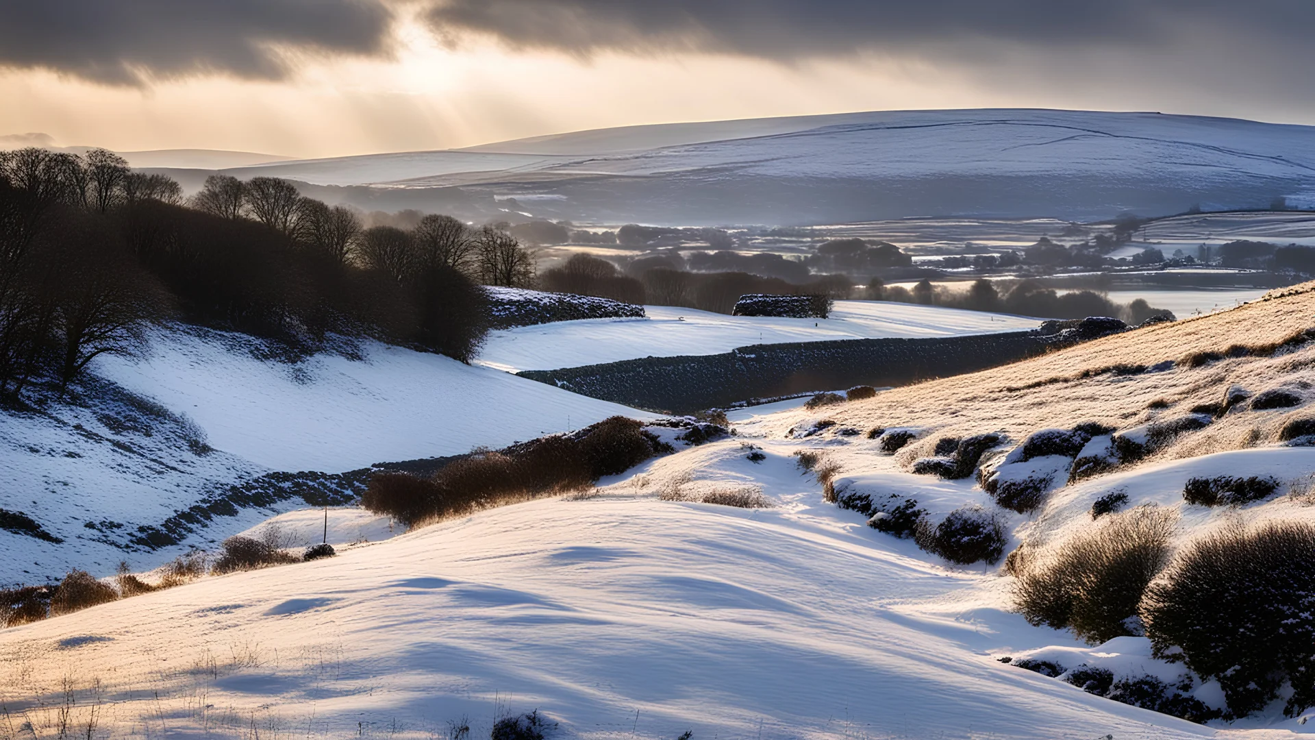 View in the Yorkshire Dales in winter, snow-covered, with beautiful sky, late afternoon sunshine, stone walls, hills and valleys, river, calm, peaceful, tranquil, beautiful composition, chiaroscuro, detail