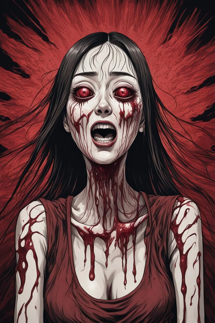 woman with rare eyes, face distorted with pain, screaming, tears streaming from eyes, siting pose, fullbody, Junji Ito style, darkred tones,