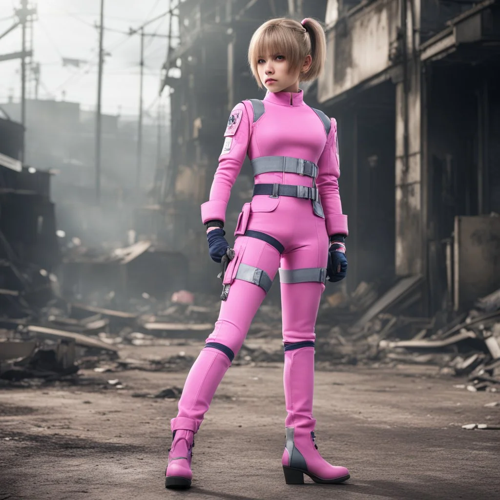 in ruins [Jill Valentine in Resident Evil (Biohazard in Japan)] lola loud from the loud house at age 74 as Jill valentine wearing her pink battlesuit Pink gloves and Pink high heel boots