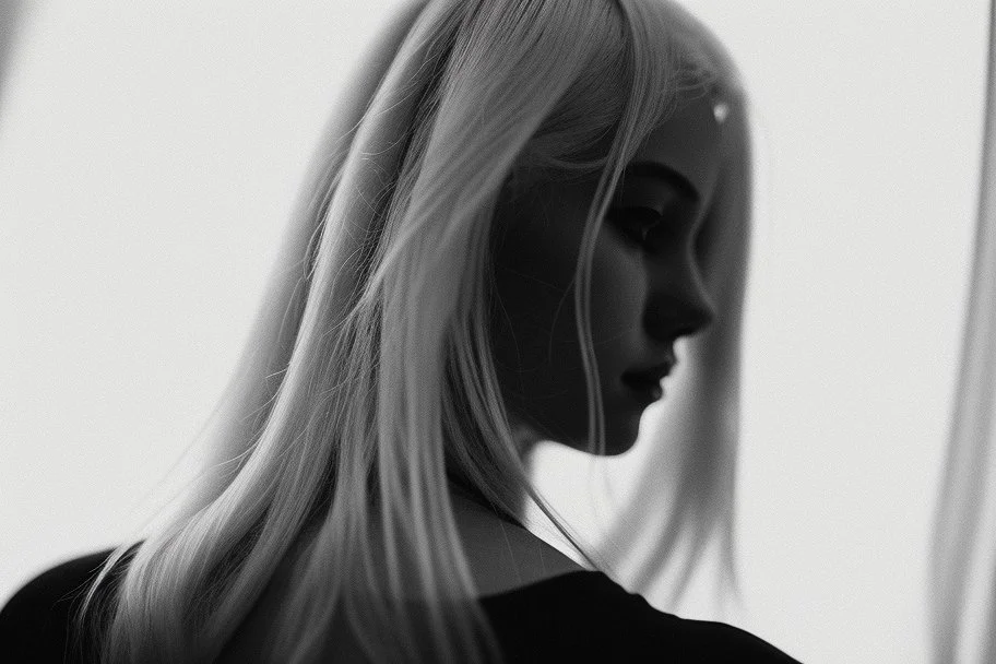 Mujer rubia de espaldas, retrato primer plano., iluminada potentemente desde atrás, Imagen en blanco y negro vaporoso, al estilo de la foto del fotógrafo Hugo Alonso.