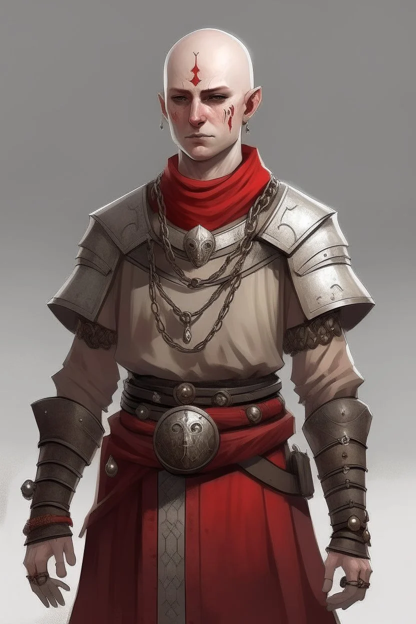 full length 22-year old, nordic looking, bald female human cleric with a necklace of red beads, wearing scale mail