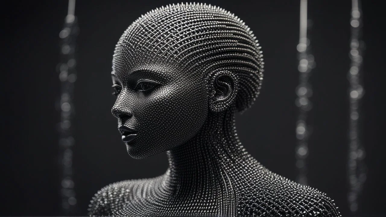 A (((female humanoid sculpture))), intricate and detailed, crafted from thousands of (((tiny steel spikes))), each element expertly fashioned with razor-sharp precision, standing confidently against a (black, sleek backdrop). The figure's delicate features are beautifully replicated, showcasing the elegant curves of its form and the precise angles of its face, creating a dazzling interplay of light and shadow that draws the eye