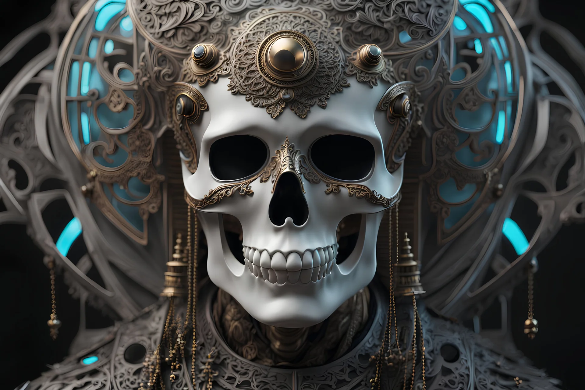 Ghost with skull mask and Body parts mechanism in 8k realistic cgi drawing style, close picture, neon, intricate details, highly detailed, high details, detailed portrait, masterpiece,ultra detailed, ultra quality