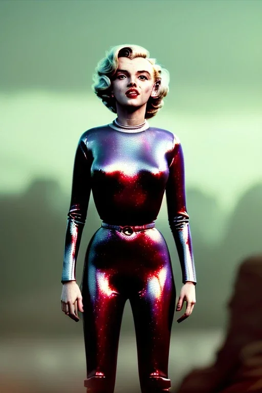 Ultra Realistic retro sci-fi 1960 scene, waist up view portrait, blonde woman, sweet young Marilyn Monroe face, perfect iris, tight latex coat, alien planet background, tight style, steel sphere dron levitating, fog, rain, soft color, highly detailed, unreal engine 5, ray tracing, RTX, lumen lighting, ultra detail, volumetric lighting, 3d, finely drawn, high definition, high resolution.