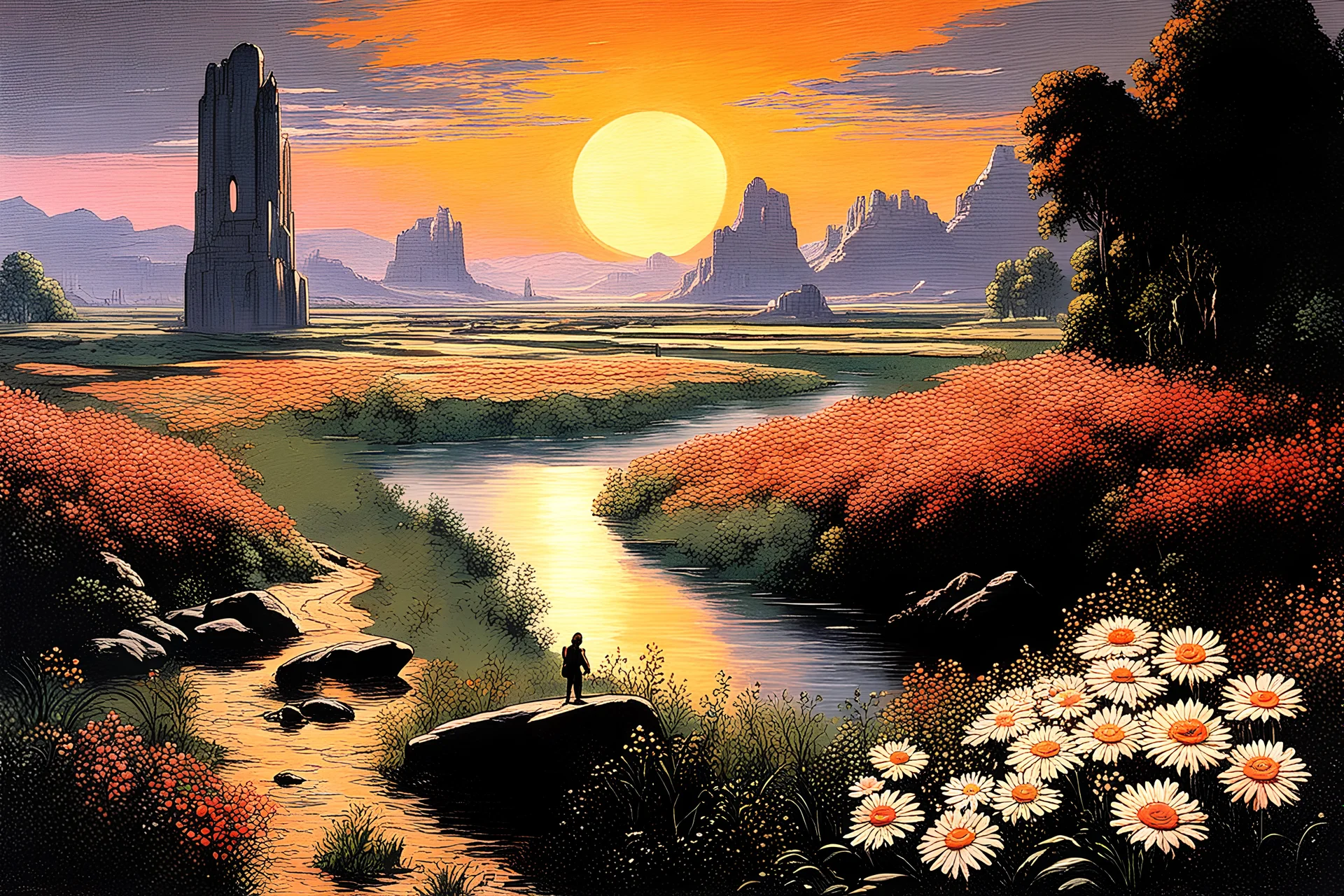 Beautiful epic sunset, logan's run 1976 movie influence, cosmic, people, rocks, holiday influence, river, flowers, very epic and philosophic, walter leistikow, alfred munnings, and hans am ende impressionism paintings