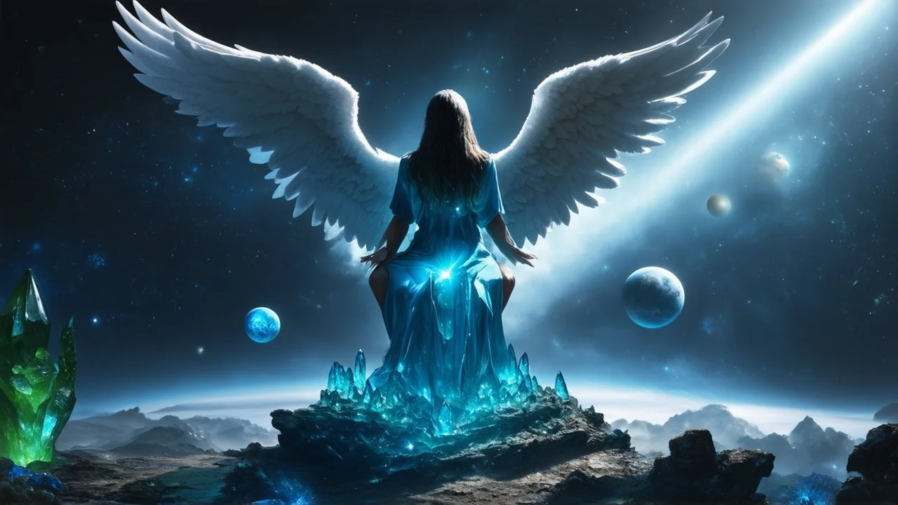 angel with a wings siting on the blue monolith made of blue tiberium crystals of lights, matrix universe, planets on the back grounds, green crystals of tiberium on the life and right