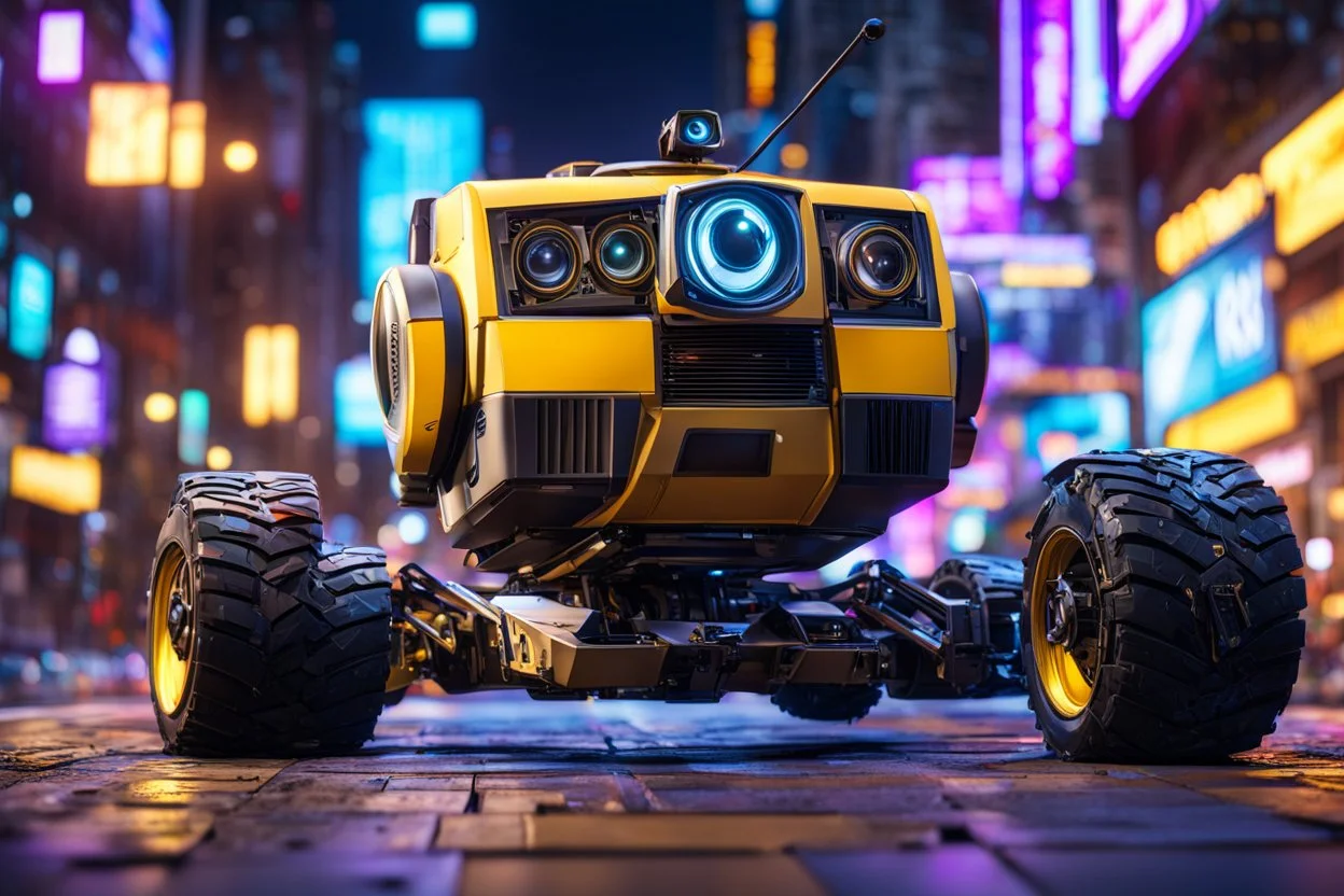 Wall-E in 8k cgi artstyle, dynamic pose, oshare kei, hurufiyya, rtx , neon lights, intricate details, highly detailed, high details, detailed portrait, masterpiece,ultra detailed, ultra quality