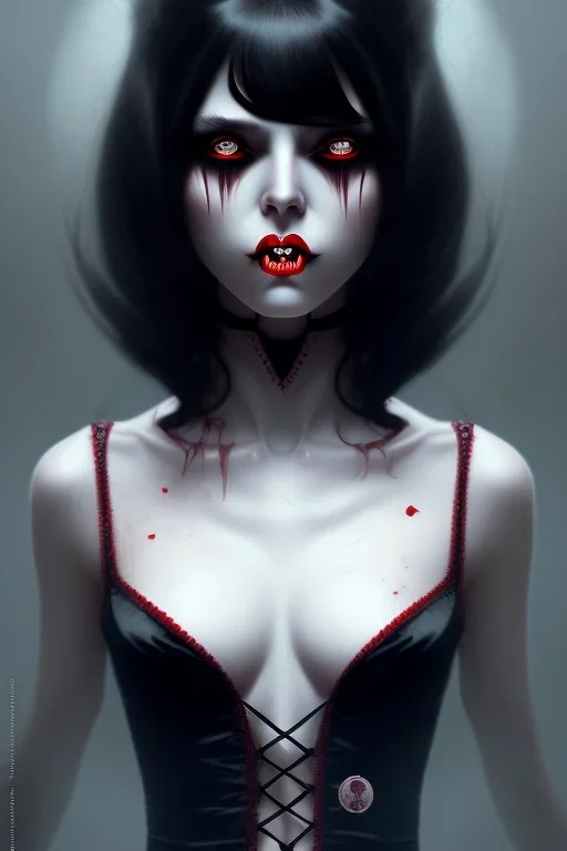 Dracula Vampire girl, cute, beautiful, white eyes, red lips, black hair, vampire tooth with bangs, goth, close up portrait by Greg Rutkowski