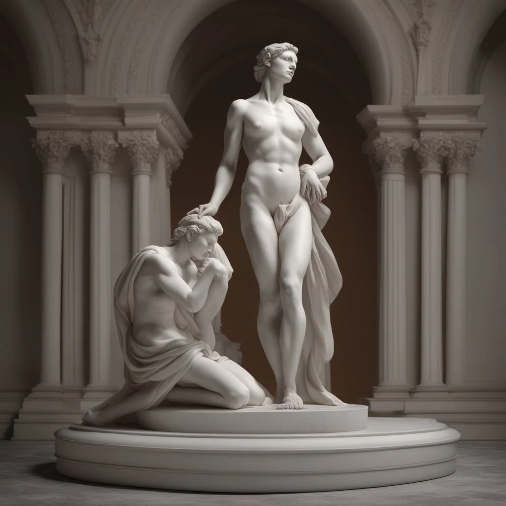 ancient renaissance figure interacting, statuesque model human poses, dynamic lighting, realistic, marble statue, bent poses