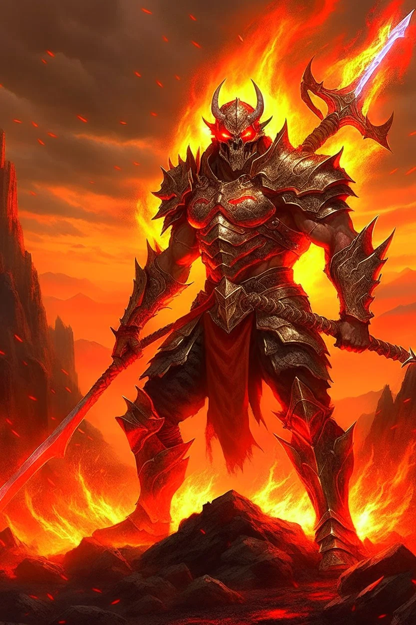 Behold the powerful and aweinspiring Pyroclastic Warrior a formidable force that emanates immense strength and ferocity clad in armor forged from volcanic rocks and imbued with the fiery essences of molten lava and scorching magma ready to unleash a cataclysmic inferno upon its adversaries with each swing of its blazing sword leaving behind a trail of devastation and charred remains in its wake a true embodiment of raw elemental power and unyielding determination, a majestic and awe-inspiring fo