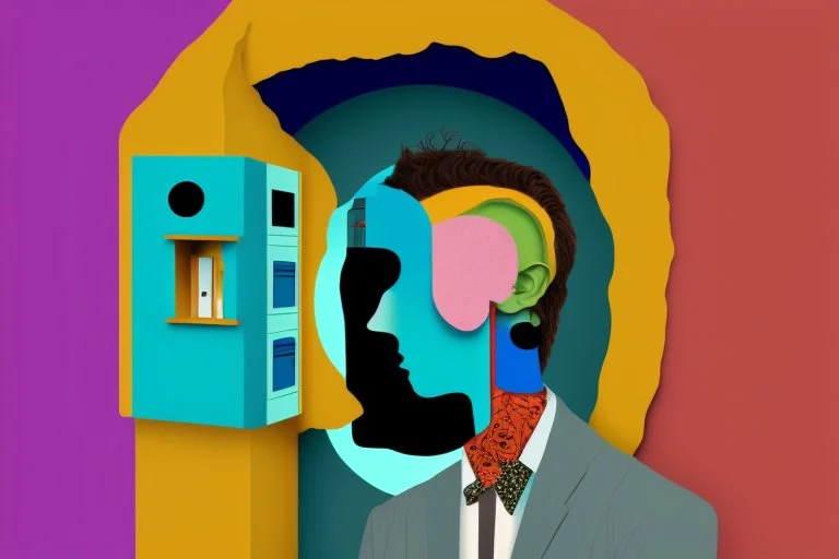 man with head inside a Hole in the wall bank machine in the style of Eileen Agar