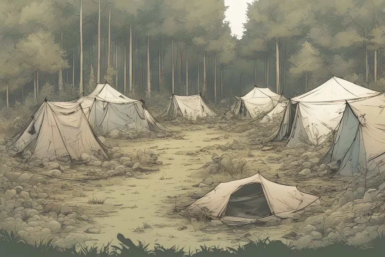 campsite, tents, overgrown, post-apocalyptic, comic book, forest, cinematic, panoramic