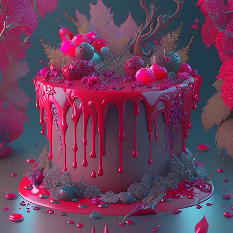 killer cake, blood, guts, intricate, darkred tones, nature, plants, ultra-detailed, iridescent, intricate shadows, Octane render, hyper-realistic, 8K, intricate textures, subsurface scattering,