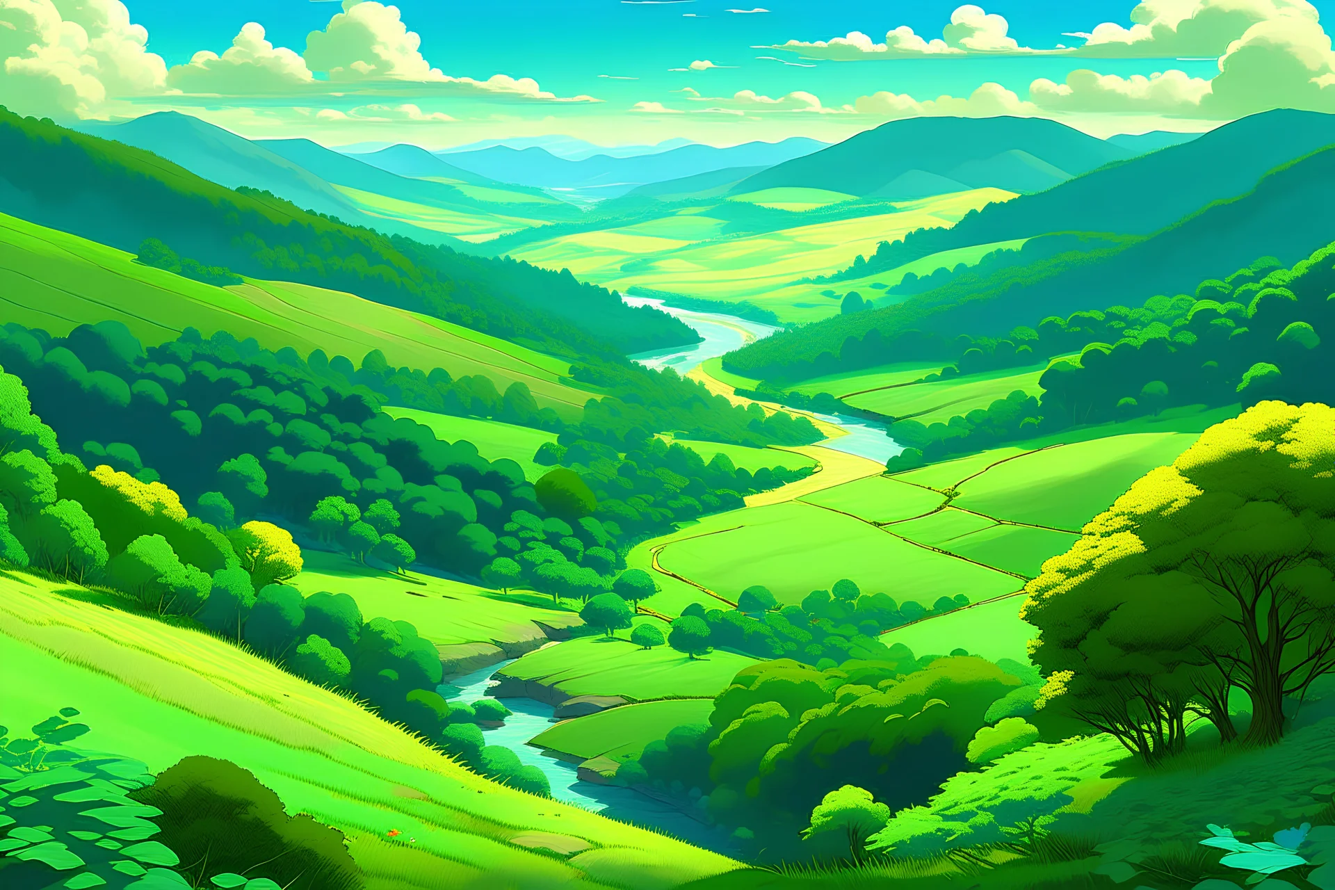 Create a lush, expansive landscape scene viewed from a high vantage point, inspired by the art style of Studio Ghibli. The image should feature a winding river cutting through rolling green hills and valleys, with patches of forest and farmland dotting the terrain. The color palette should be vibrant and soft, with warm tones highlighting the earth and cool tones for the water and sky. The overall atmosphere should feel peaceful and slightly whimsical, capturing the serene beauty of nature in a