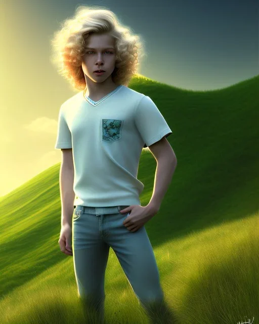 full length photograph of a beautiful 12 year old boy with long, blonde curly hair and light blue eyes, smiling, standing on a green hill in summer, highly detailed, smooth, photorealistic, digital art, HDR