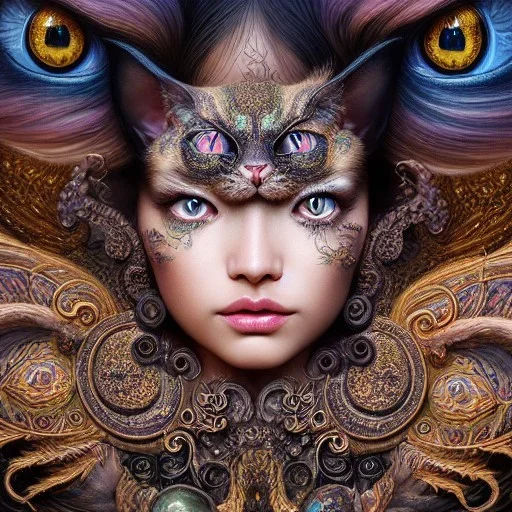 "Insanely detailed photograph of an elaborate beautiful cat goddess intricate glowing skin eyes intricate face hair lashes fur dress hyperdetailed painting by Anna Dittmann Huang Guangjian and Dan Witz CGSociety ZBrush Central fantasy art album cover art 4K 64 megapixels 8K resolution HDR Greek shiny space colours jewelry celestial hair eyes light"