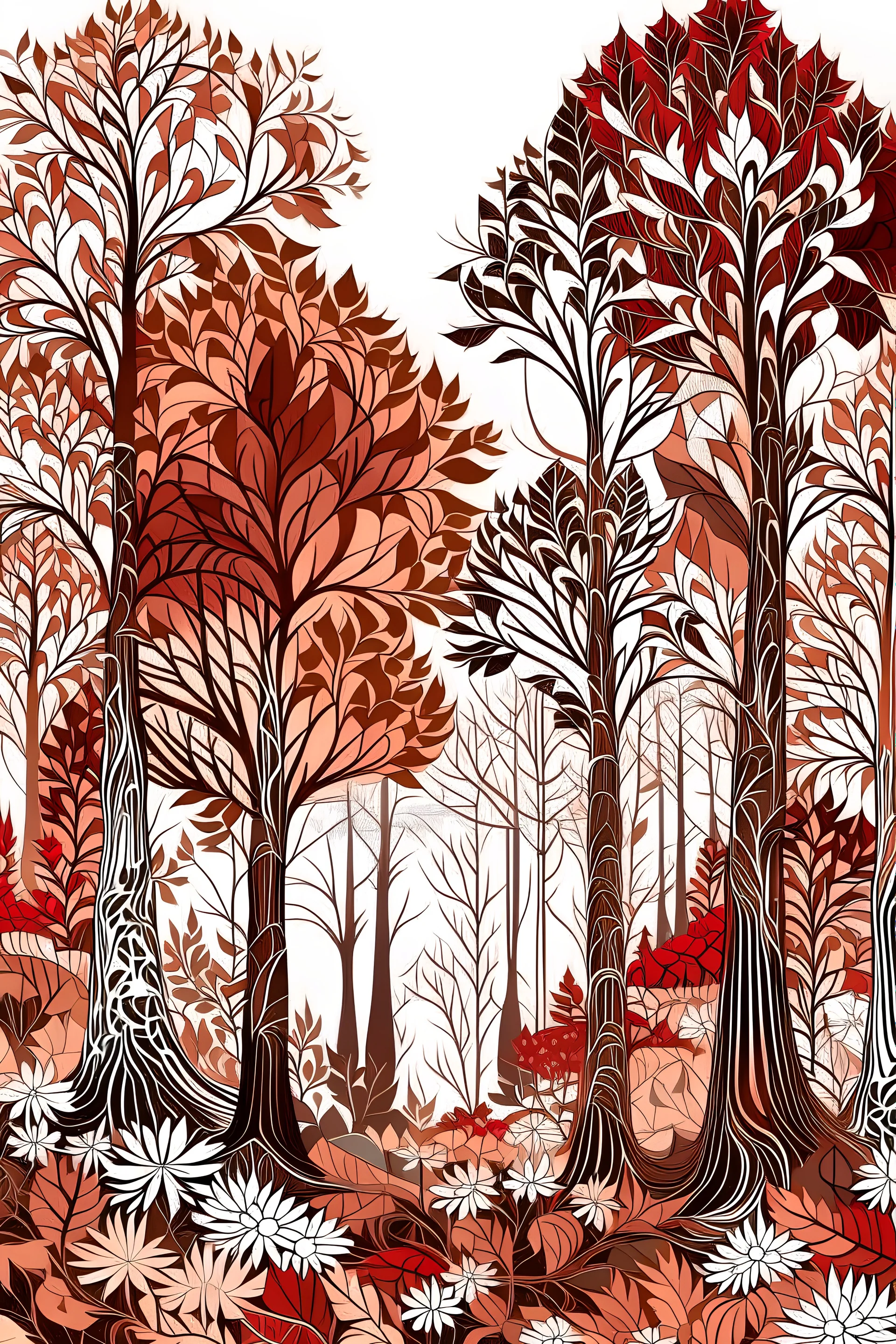 forest in brown and red on a white background in baroque style