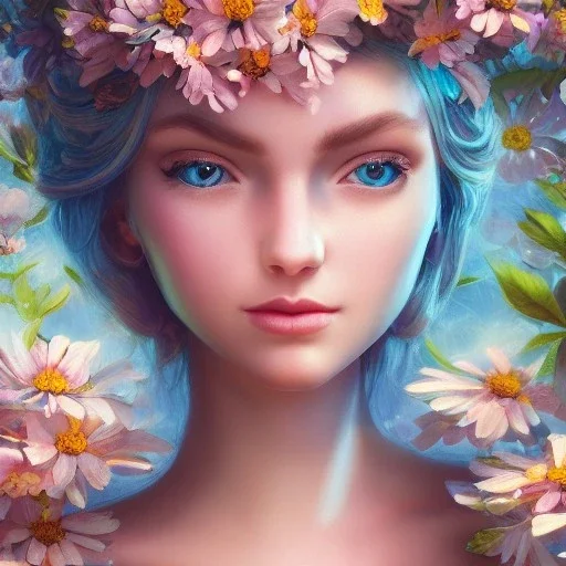  Beautiful and bright goddess of spring,delicate flowers,blue eyes, knees up portrait, fantastical, intricate detail, splash screen, complementary colors, fantasy concept art, 8k resolution, Unreal Engine 5"