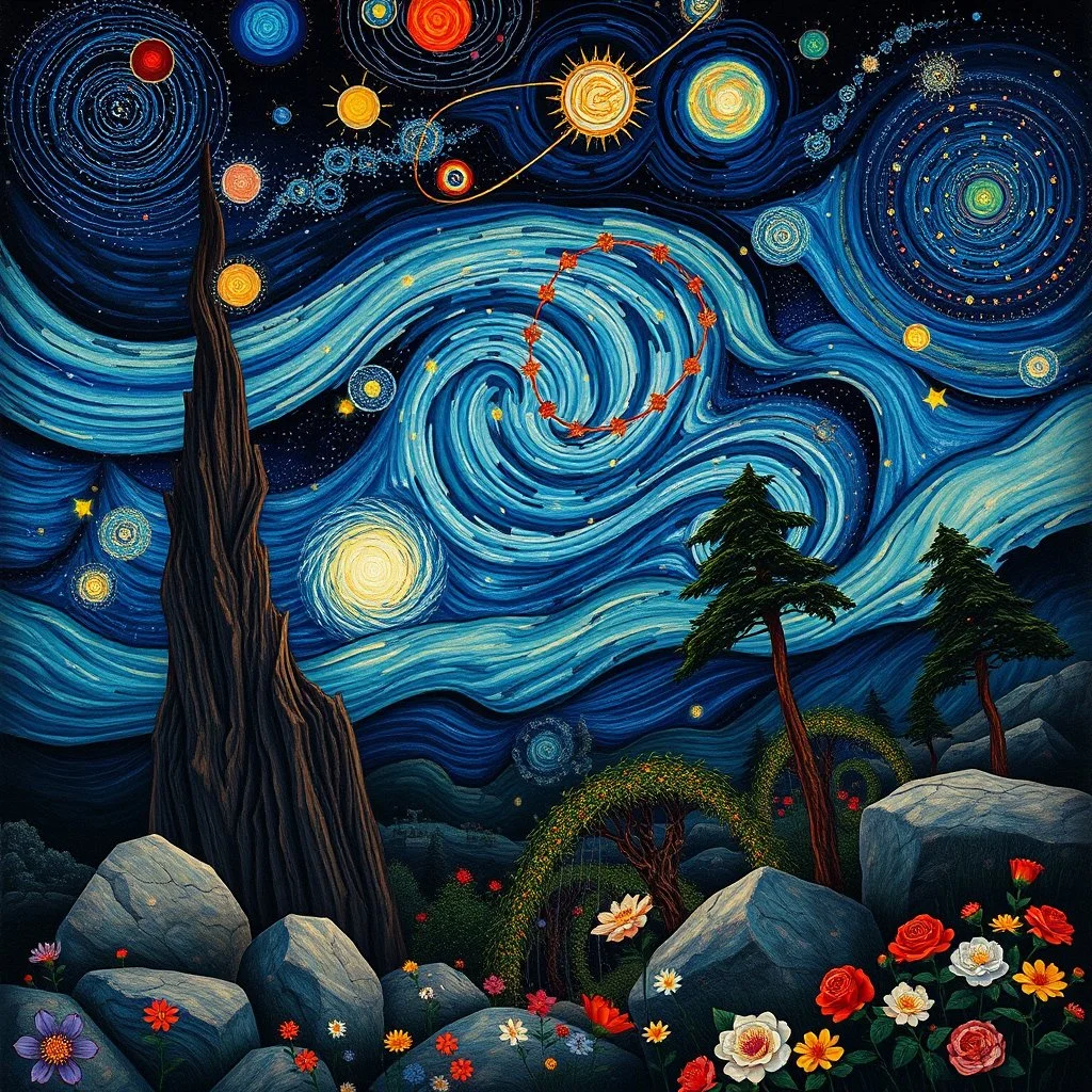 Colourful, peaceful, Egon Schiele, Max Ernst, night sky filled with galaxies and stars, rocks, trees, flowers, one-line drawing, sharp focus, 8k, deep 3d field, intricate, ornate