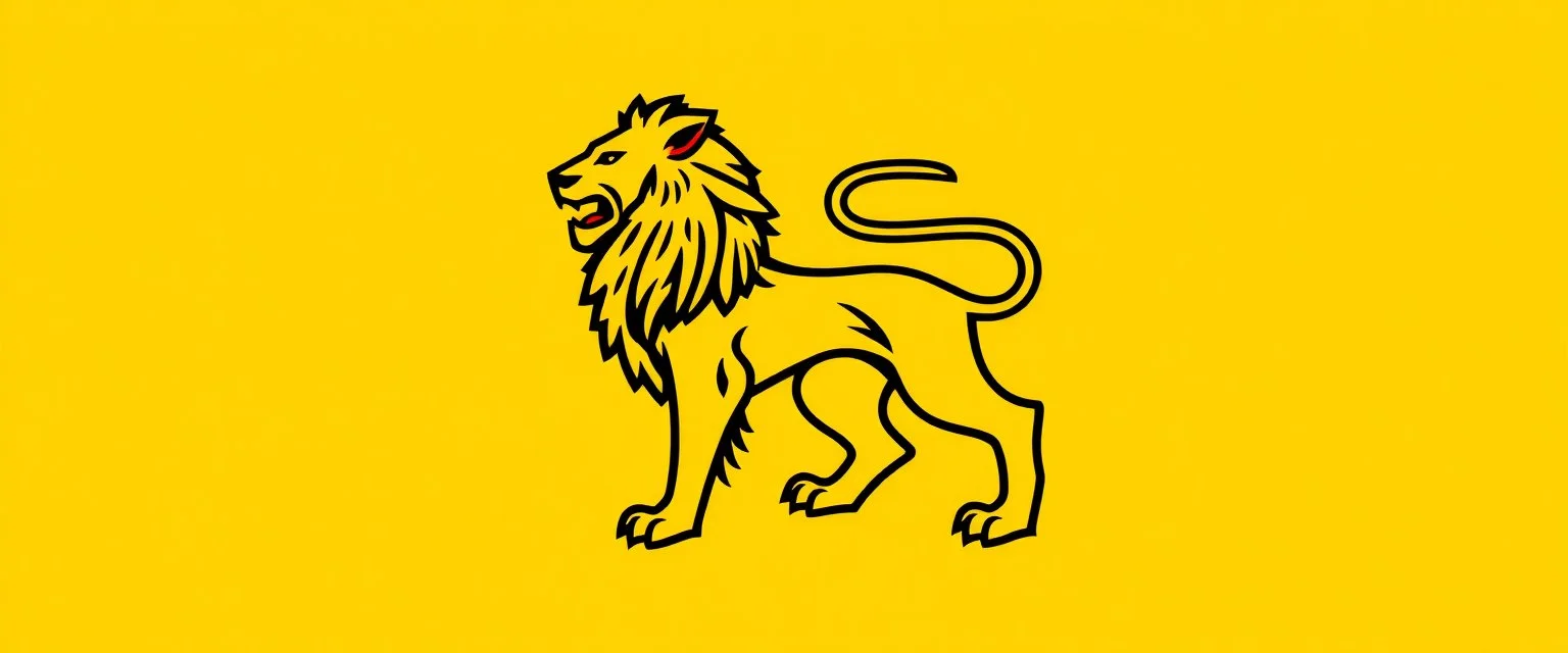 wide heraldry Lion, full body , black outline and red interior on yellow background, simplified vector logo