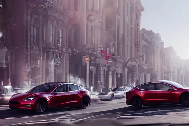 A Tesla 'Model S' is drifting at high speeds, on the streets of San Francisco. (CINEMATIC, WIDE ANGLE LENS, PHOTO REAL)