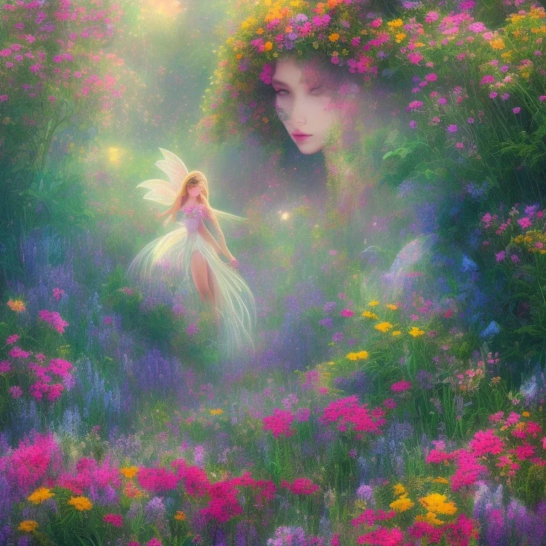 bright fairy in a flowery landscape synthwave, colorful, concept fairy art, smooth, extremely sharp detail, finely tuned detail, ultra high definition, 8 k