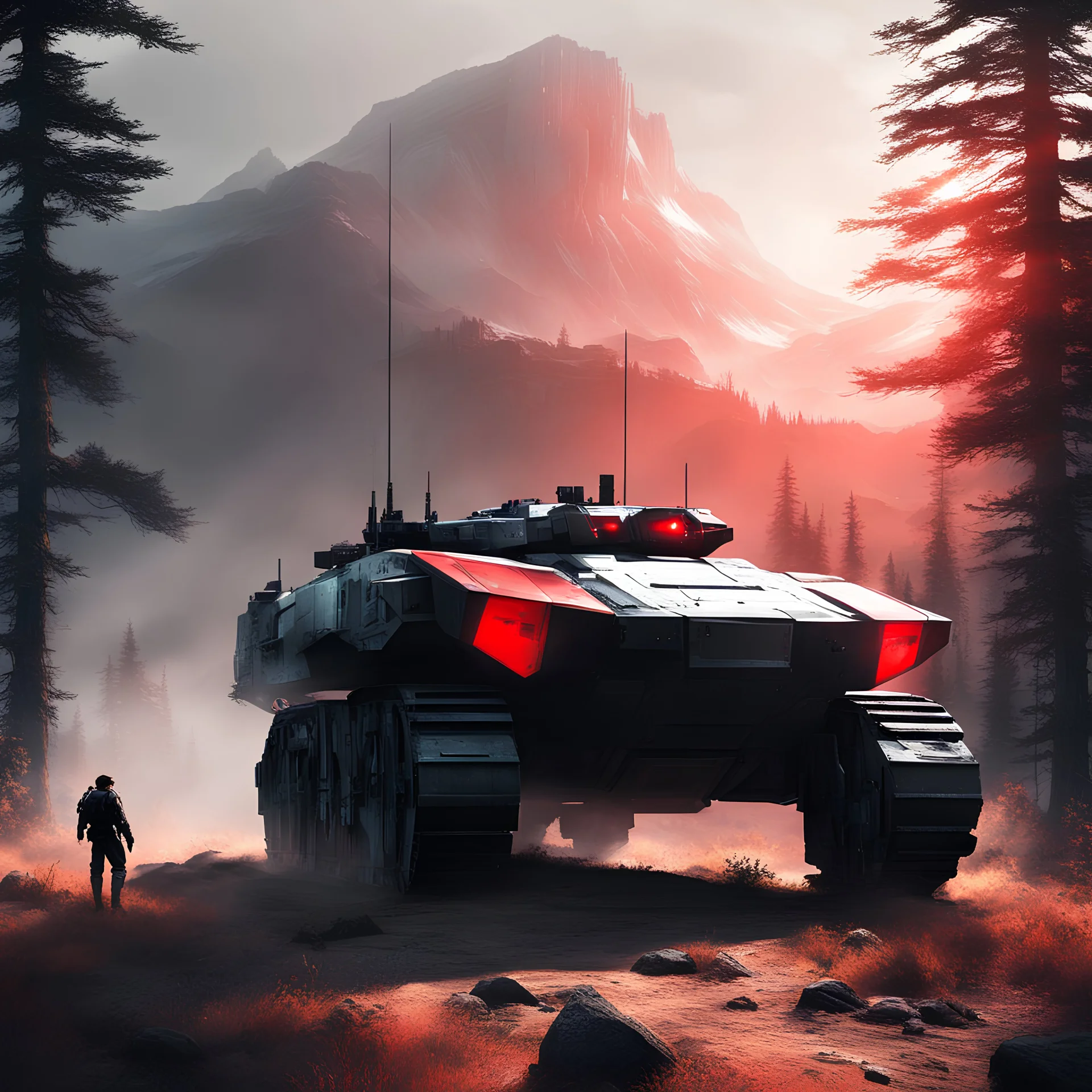 Visualize an incredible (((futuristic Metal Gear Solid Armored Tank))), standing ominously amidst a vast, untamed wilderness that surrounds it. The environment is bathed in a soft, ethereal glow that perfectly complements the tank's powerful form, with its iconic red, white, and black color scheme standing out against the gentle backdrop