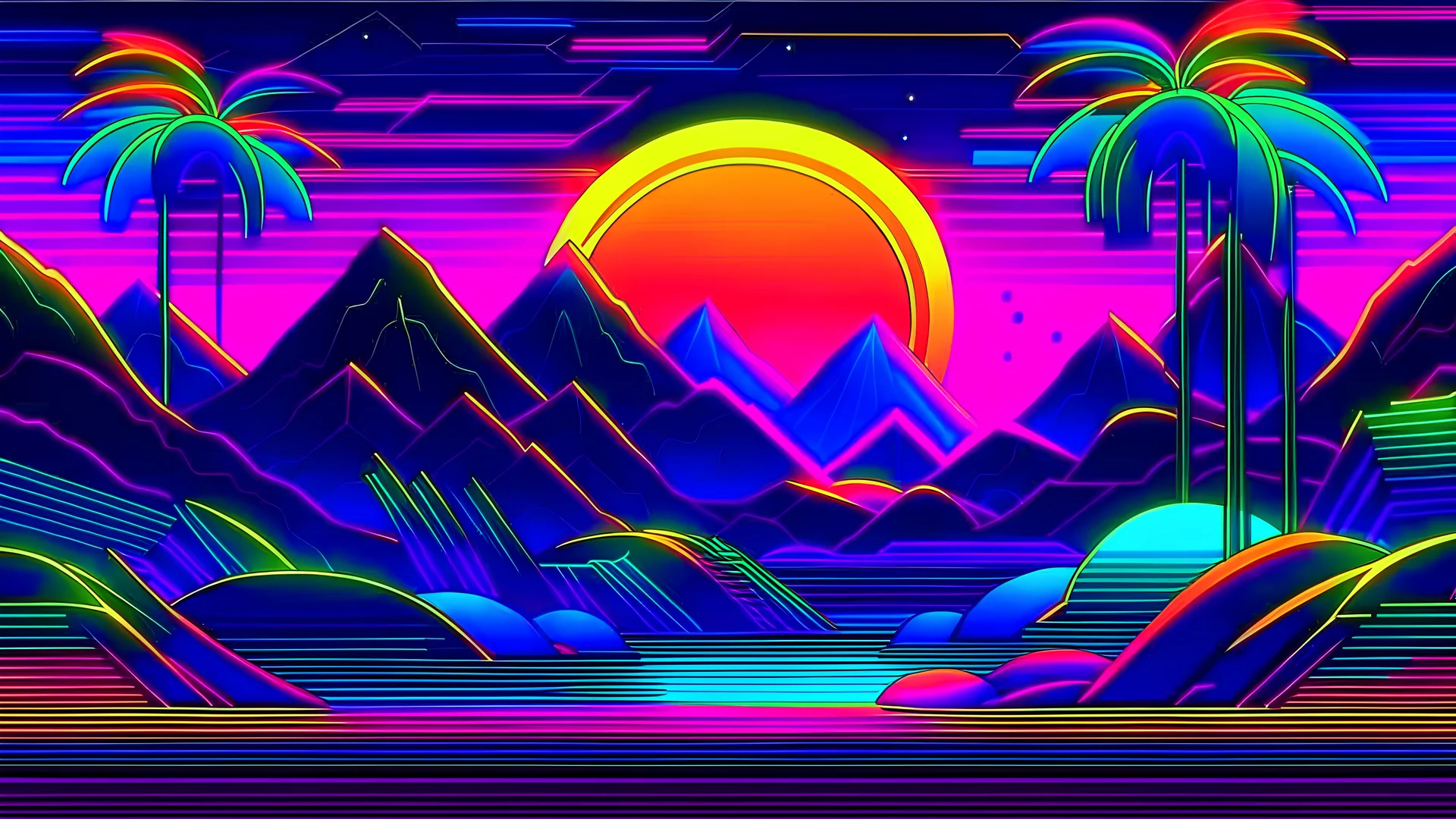 Generative AI, 80s retro futuristic sci-fi., nostalgic 90s. Night and sunset neon colors, cyberpunk vintage illustration. Sun, mountains and palms. Retrowave VJ videogame landscape.. See Less