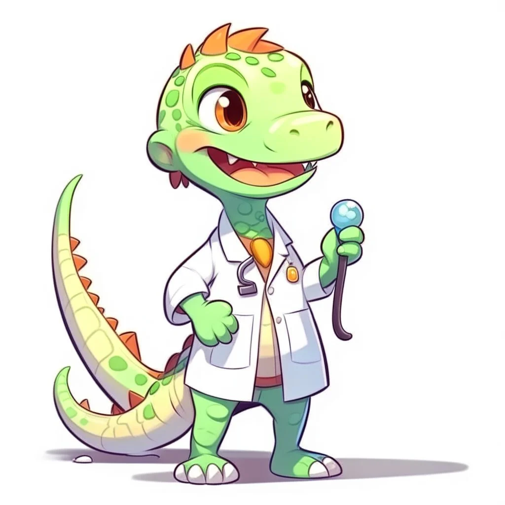 Cartoon illustration for children: Cute female dinosaurus in a white doctor's coat, holding a pincer