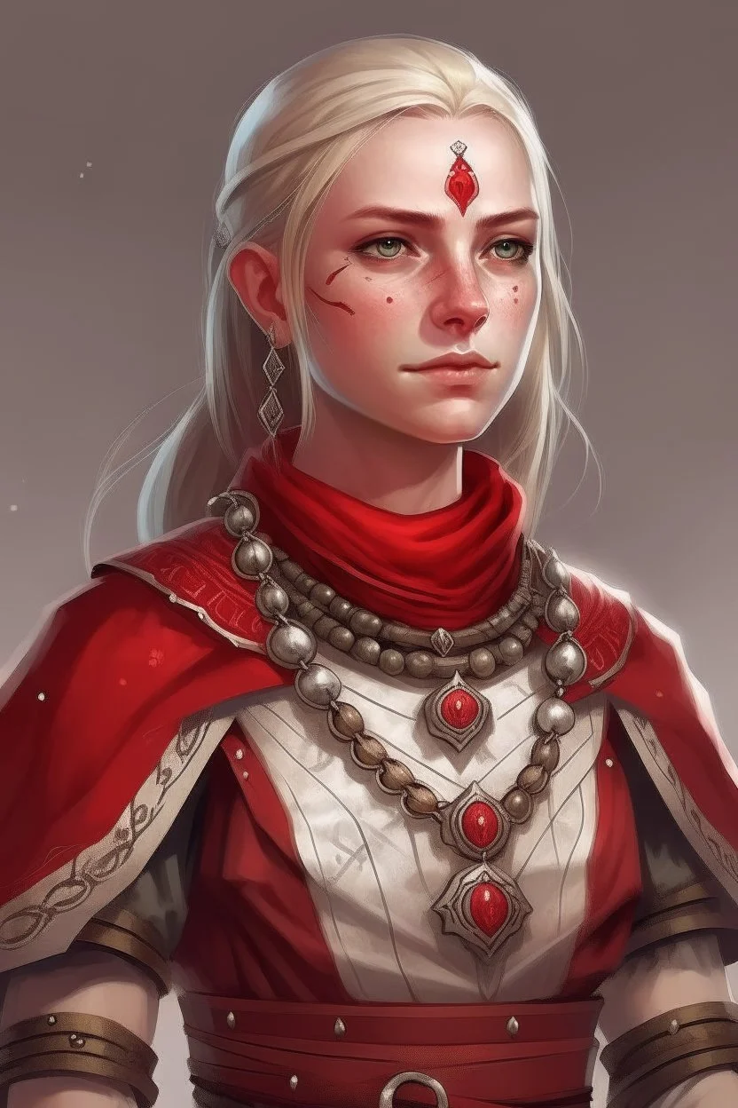 22-year old, nordic looking female human cleric with a necklace of red beads, wearing scale mail