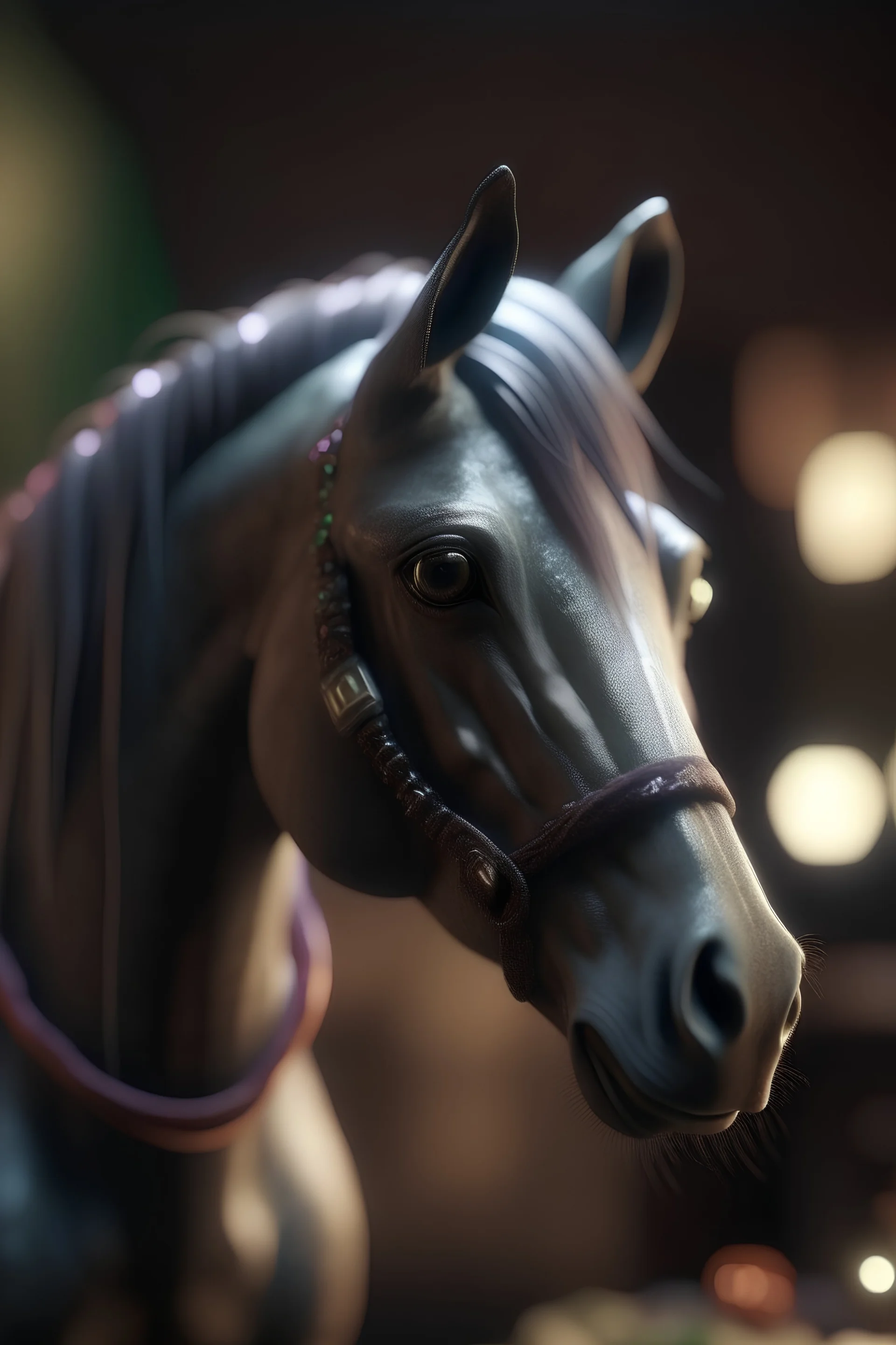 portrait of elf horse using a hair dryer, bokeh like f/0.8, tilt-shift lens 8k, high detail, smooth render, down-light, unreal engine, prize winning