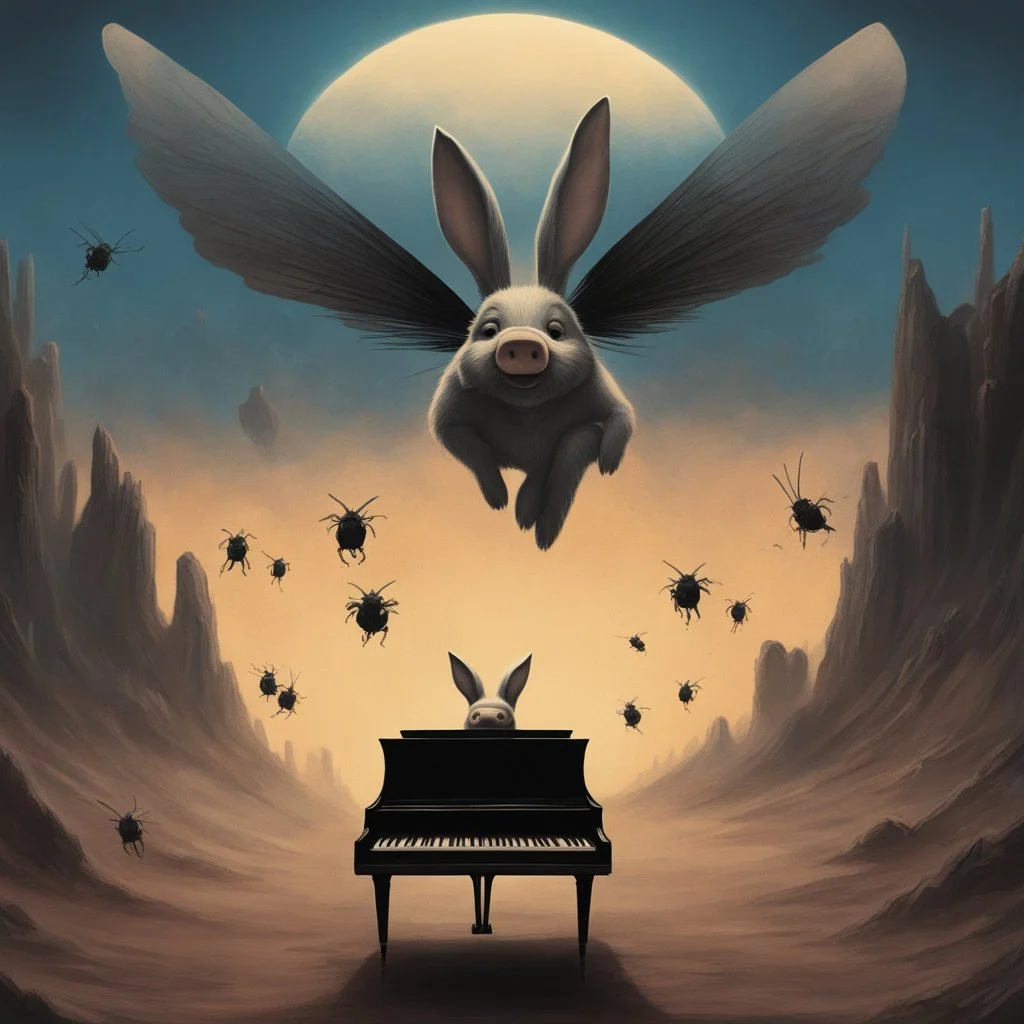 monochromatic black and white bugs bunny composer piano, diffrent planet, one swine pig piggy flying wasp angel, beksinski style daker theme dark black dark black monochromatic