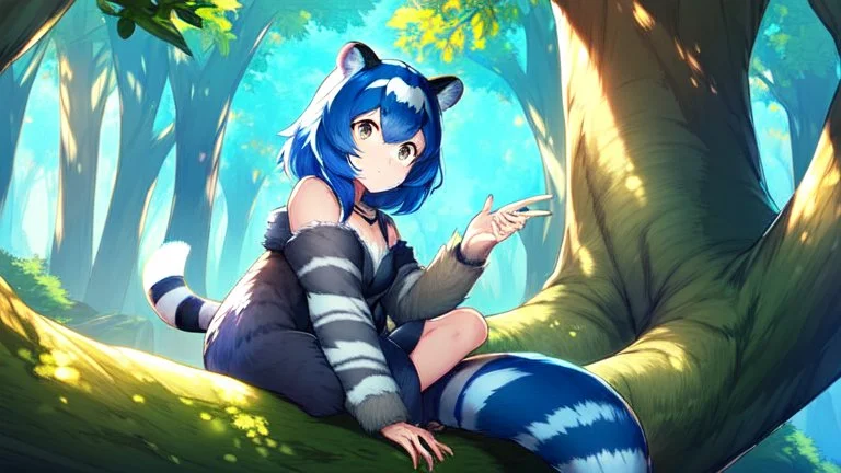 Girl, blue hair, raccoon ears, raccoon tail, raccoon face, forest, sit on tree, raccoon paws on hand