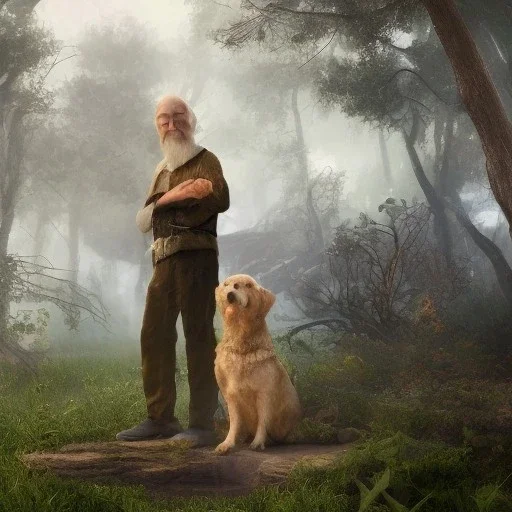 old man with dog travels the universe of sound, photorealistic, 8k