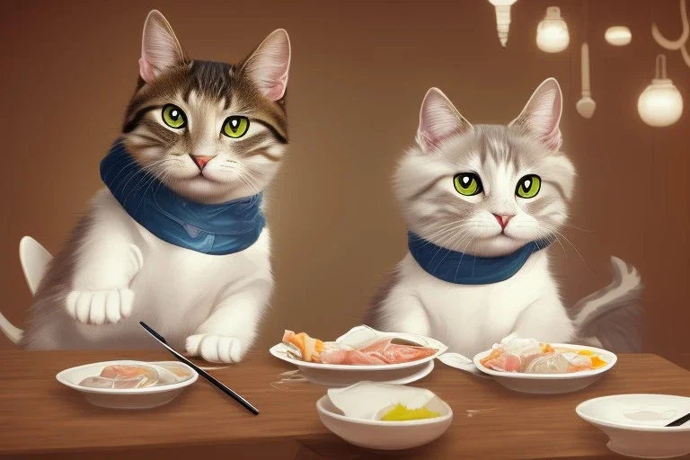 A cat wearing clothes is sitting at a table eating sushi. Manga style. Perfect iris. Paws. Mug with cat face