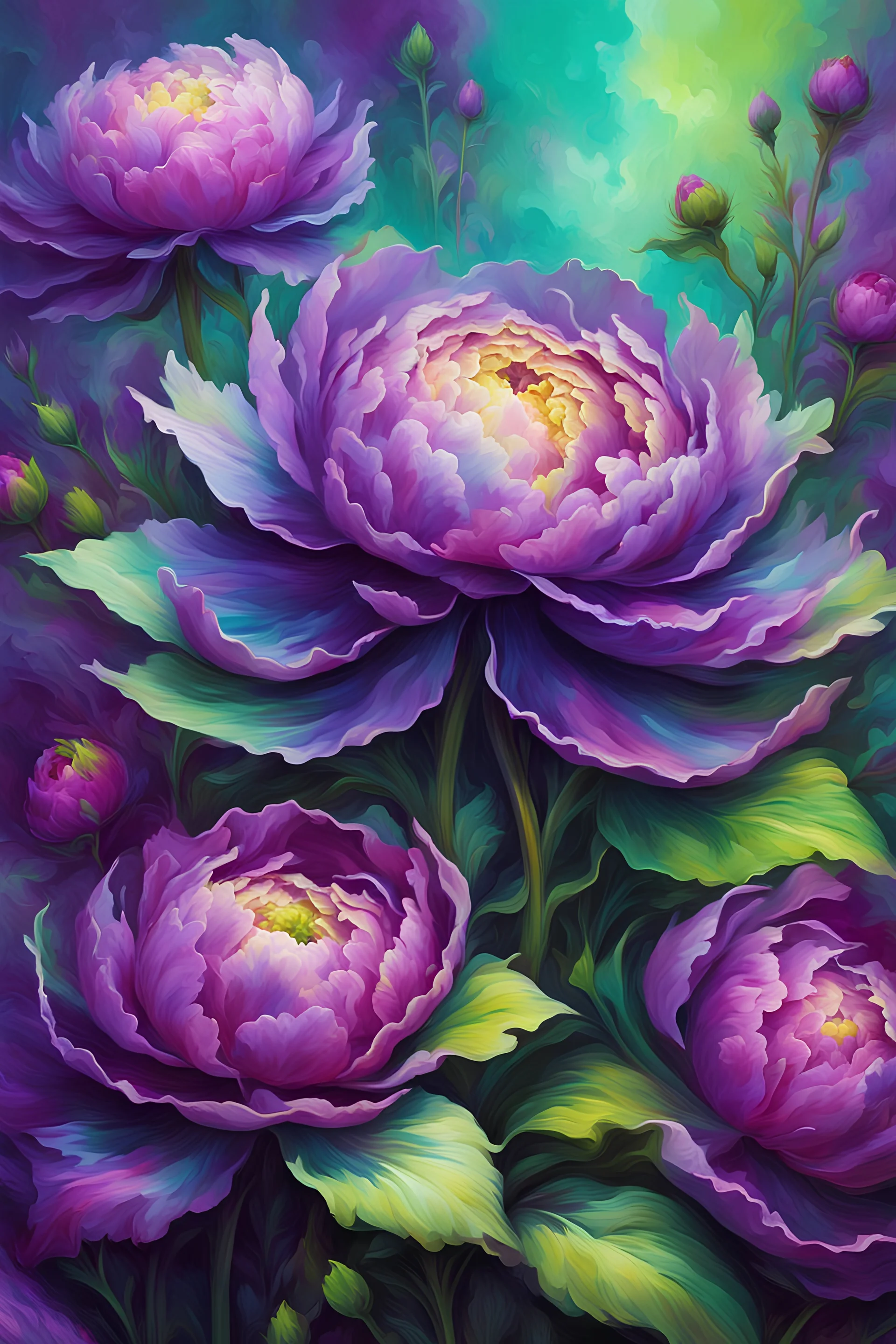 vibrant psychedelic oil painting image, airbrush, 64k, cartoon art image of background purple and green peony flowers , dystopian