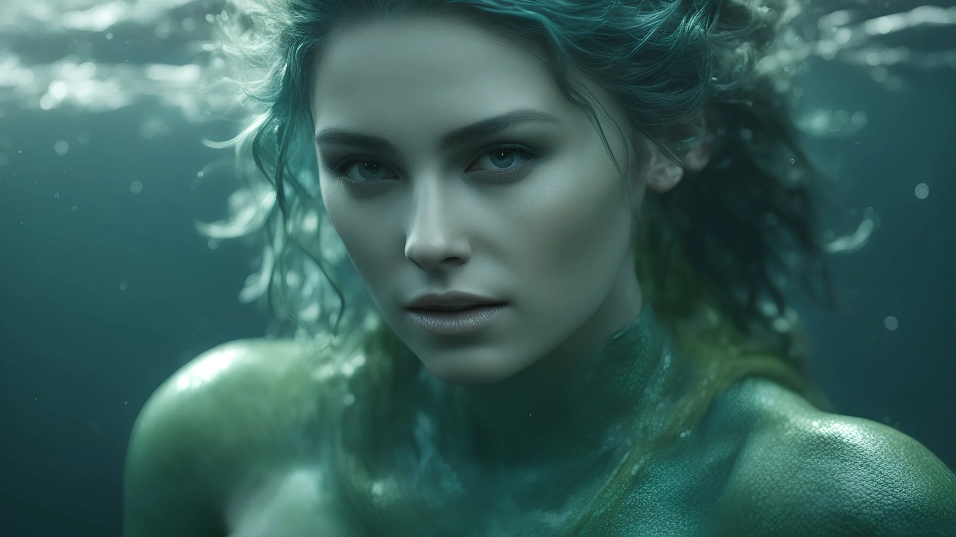 Photoreal gorgeous green-blue triton ranger woman with green-blue scaled green-blue skin floating in the deep ocean realm by lee jeffries, otherworldly creature, in the style of fantasy movies, photorealistic, bokeh masterpiece smooth shading, ultra detailed, high resolution, cinematic, unreal 6, subtle shadows, octane render, 8k, cinema 4d, HDR, dust effect, vivid colors